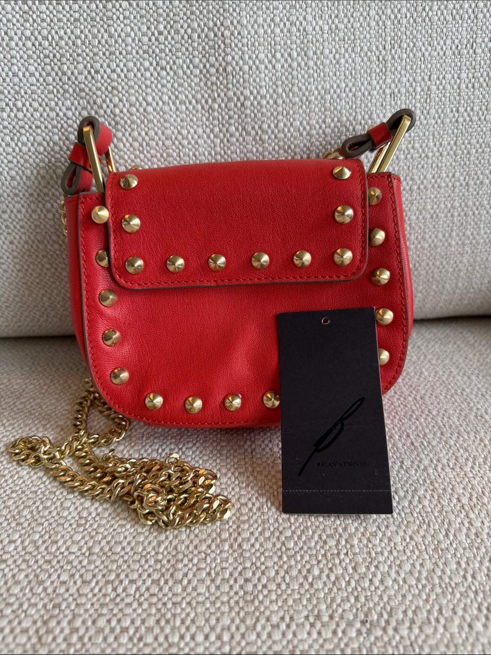 NWT: Brian Atwood Coral Leather Studded Crossbody with Gold Chain